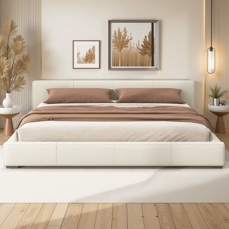King Elegant Upholstered Bed Platform Bedwith Minimalist Design​, King, Beige