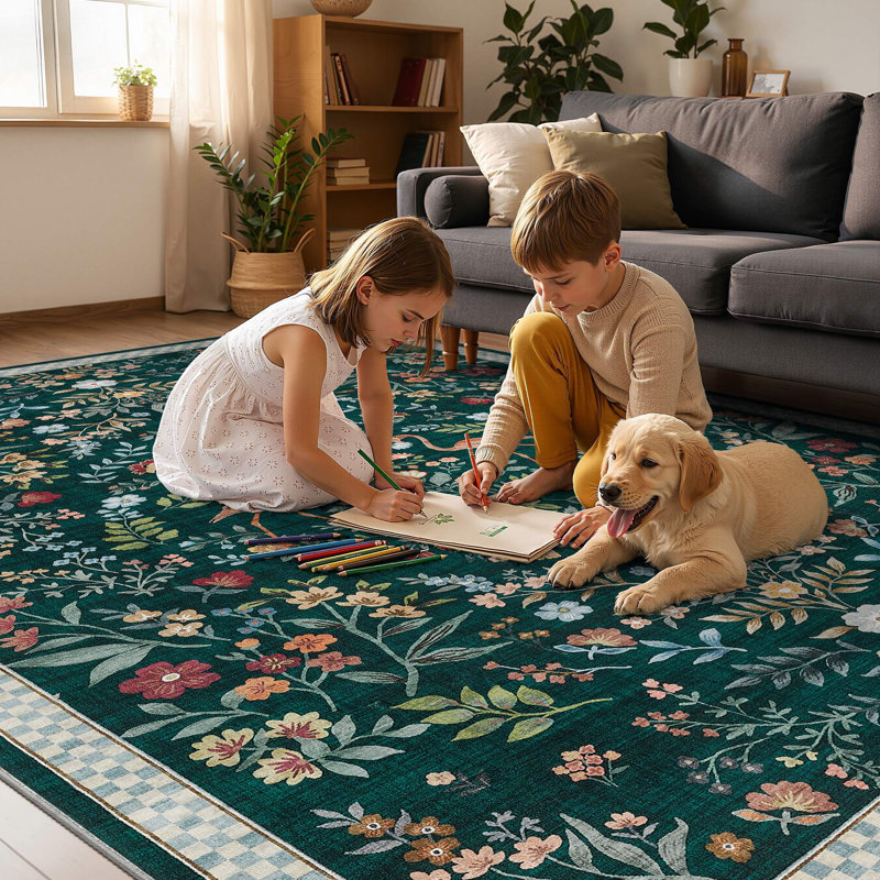 Washable Farmhouse Floral Area Rug with Non-Slip for Bedroom Nursery Living Room Decor-Green, Rectangle 8' x 10', Green