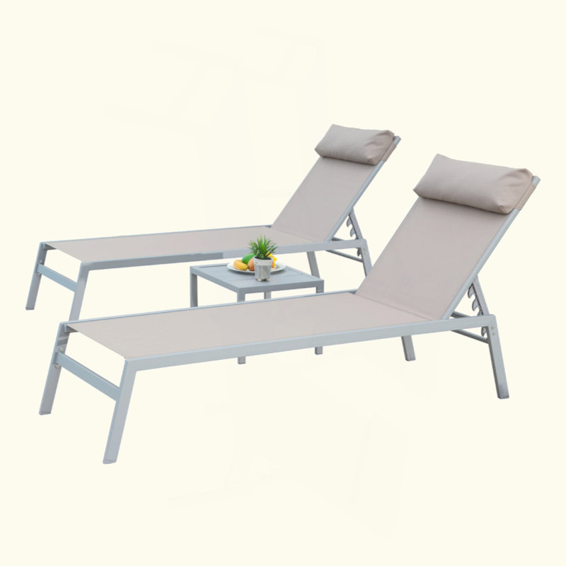 Patio Chaise Lounge Set Of 3, Aluminum Lounge Chairs With 5 Adjustable Positions, Outdoor Chaise Lounge For Pool, Deck, Garden, Backyard, Sunbathing ( Lounge Chairs+1 Table)