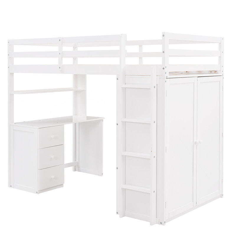 Lit mezzanine avec tiroirs, bureau et garde-robe, Lit simple, Blanc