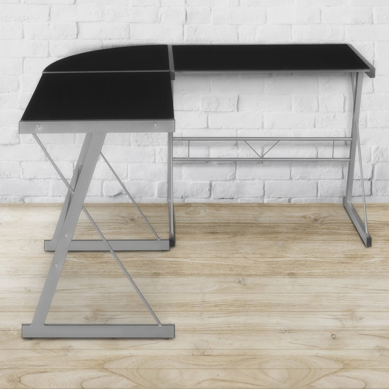 Black Tempered Glass L-Shaped Computer Desk with Steel Frame