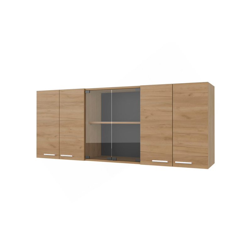 Armoire murale Lydia en mélamine avec 4 portes et rangement en verre, chêne naturel