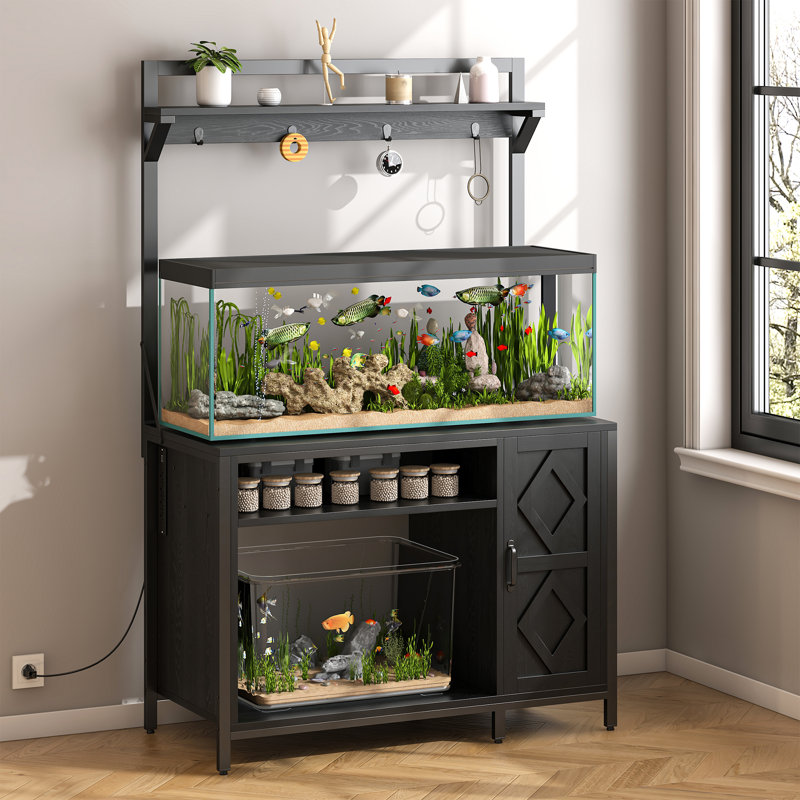  40-50 Gallon Diamond Fish Tank Stand With Power Outlet, Heavy Duty Aquarium Cabinet With Display Shelf And 4 Hooks, Suitable For Turtle Tank, Reptile Terrarium For Home Office,Black