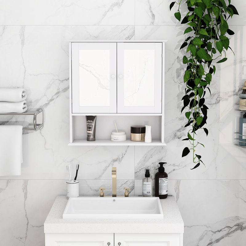 Élégante armoire murale de salle de bain avec portes à double miroir - tablettes réglables peintes en blanc pratiques et peu encombrantes Instructions d'assemblage incluses
