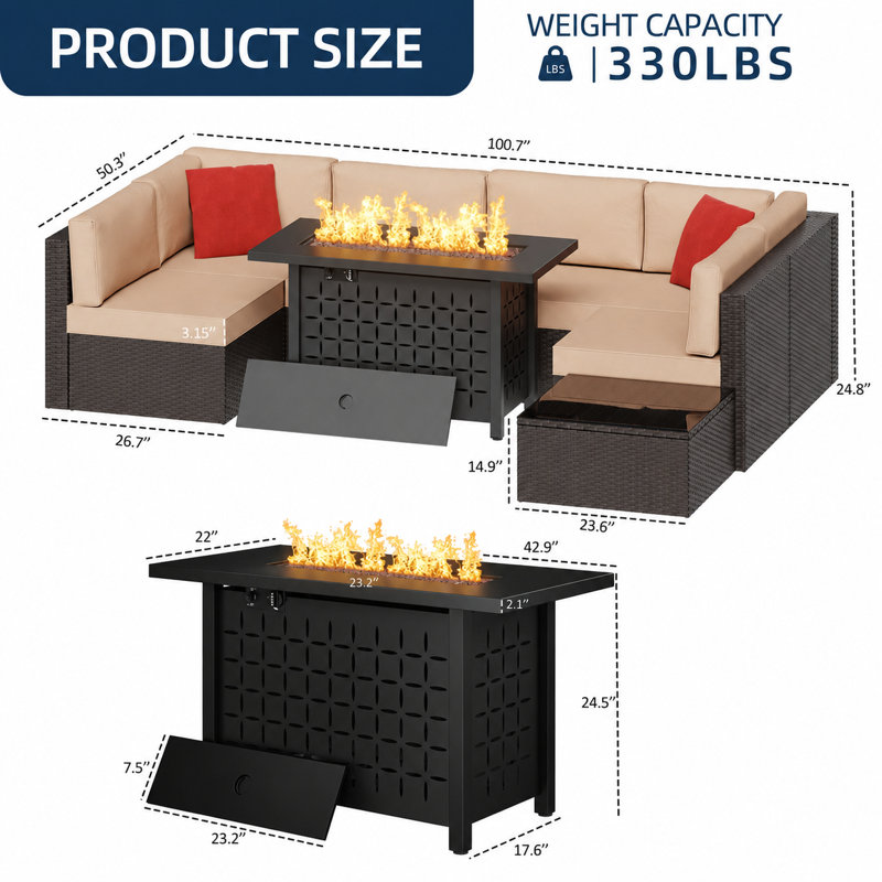8-Piece Outdoor Rattan Patio Set with Fire Pit Table, Beige