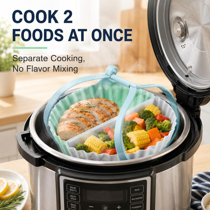 2-in-1 Silicone Steamer Sling & Divided Pot-in-Pot Insert Set for Instant Pot 6/8 Qt, Anti-Scald Pressure Cooker Lifter with 2-Chamber Steamer Basket, BPA-Free, (Mint Blue)