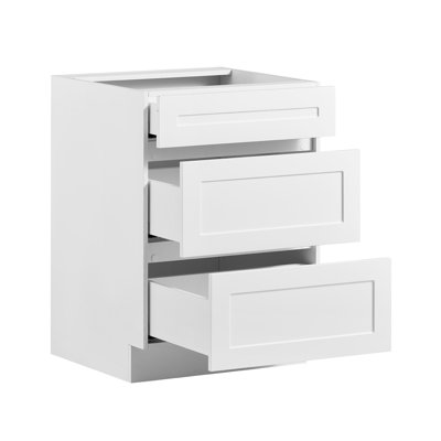 Meuble bas blanc de style Shaker, 61 cm de largeur, à assembler soi-même, 61 cm L x 61 cm P x 88 cm H, comprenant 3 tiroirs, un mécanisme de fermeture amortie et des chants résistants. Parfait pour la maison, le bureau ou la buanderie.
