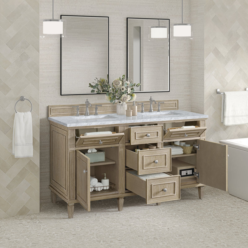 Lorelai 60'' W Double Vanity, Whitewashed Oak, 8" Widespread, Carrara White