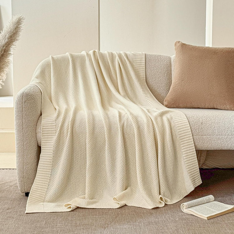 Jeté 100% coton, couverture tricotée par câble de couleur unie super douce, confortable, respirante, décorative, pour canapé-lit, toutes saisons