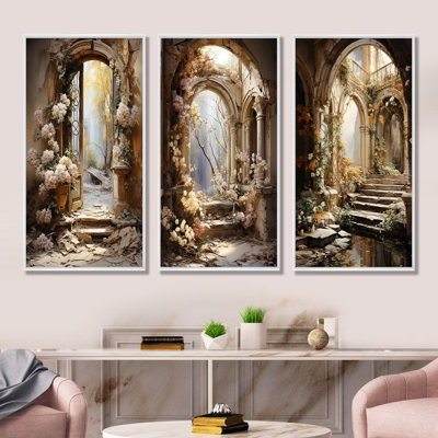 Ancient Ruins Blooms I - Fantasy Canvas Wall Art Set Of 3