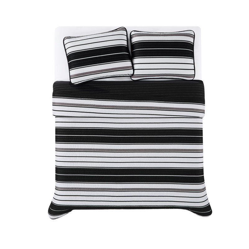 Black and White Striped Twin Microfiber Quilt Set