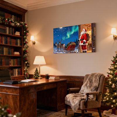 Noël, père Noël, renne, traîneau, lumières du nord, lune, scène de nuit, ensemble de 3 impressions sur toile