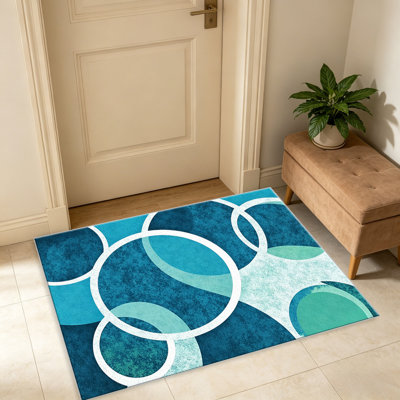 Tapis bleu sarcelle Aqua Circle pour le salon, doux et confortable, adapté à toutes les saisons, facile à entretenir, tapis de sol intérieur lavable à la machine, ferme sous la table convenant à la chambre à coucher, à la salle à manger, au bureau, au balcon, au patio
