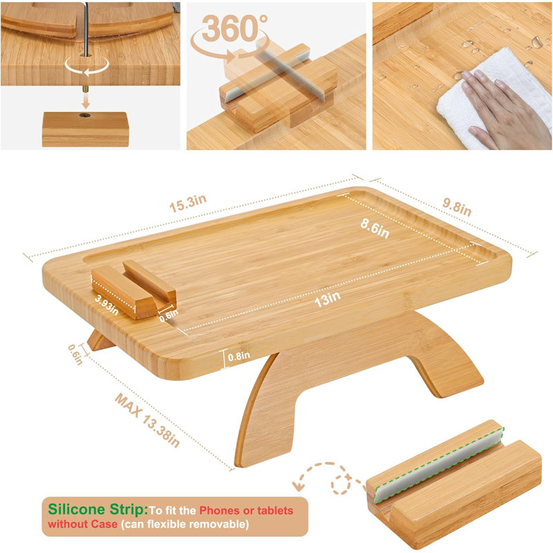 Couch Arm Tray,Bamboo Sofa Tray Table Clip on Side Table for Wide Couch