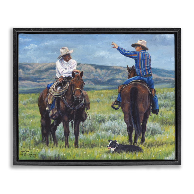 "Cowboy Logic Scene", art mural encadré par David Graham, H 25 po x l 31 po, Cadre flottant noir de jais