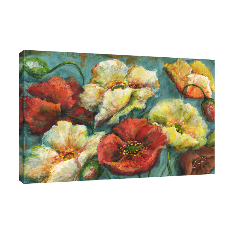 «Colorful Poppies on Turquoise» par Tre Sorelle Studios - reproduction d'art sur toile, 10 po x 15 po