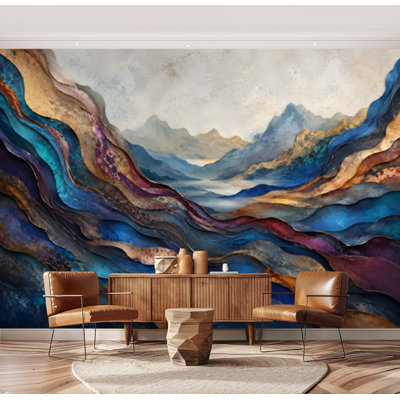 Wall Mural Peel and Stick Wallpaper Marble Colorful Multicolored Marble Surface Curved Lines Self-Adhesive Removable Contact Paper Wall Decor for Living Room Bedroom 69"H x 96"W