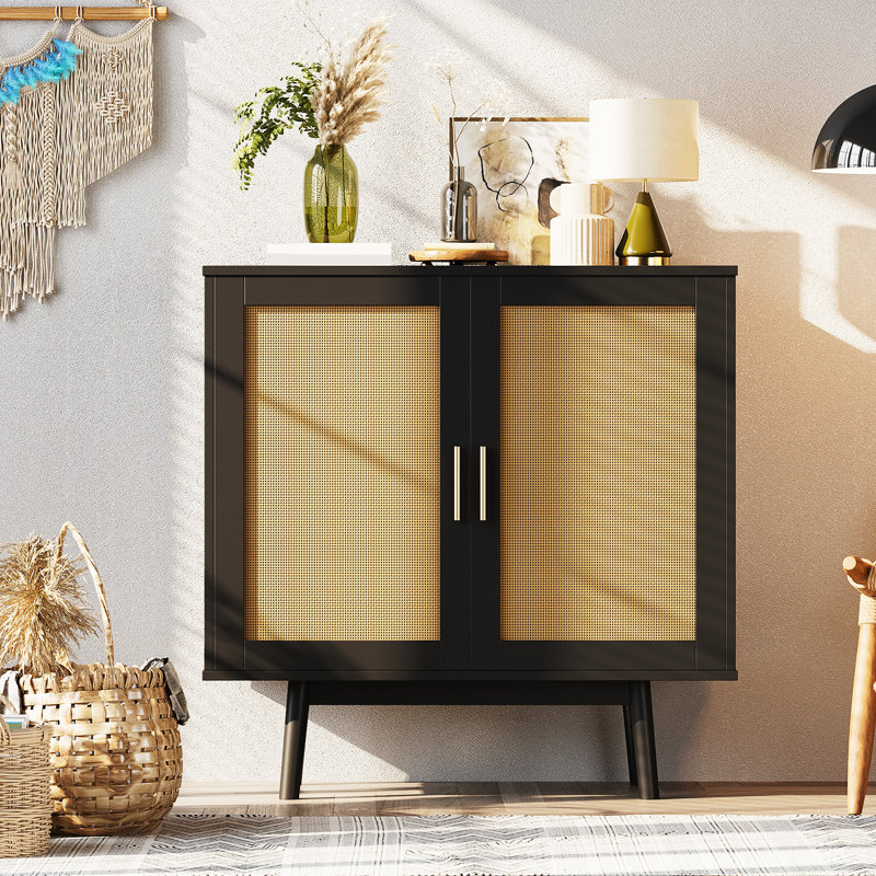 Aviram 31.5'' H Wicker Accent Chest, Sideboard with Adjustable Shelf, Black/Yellow