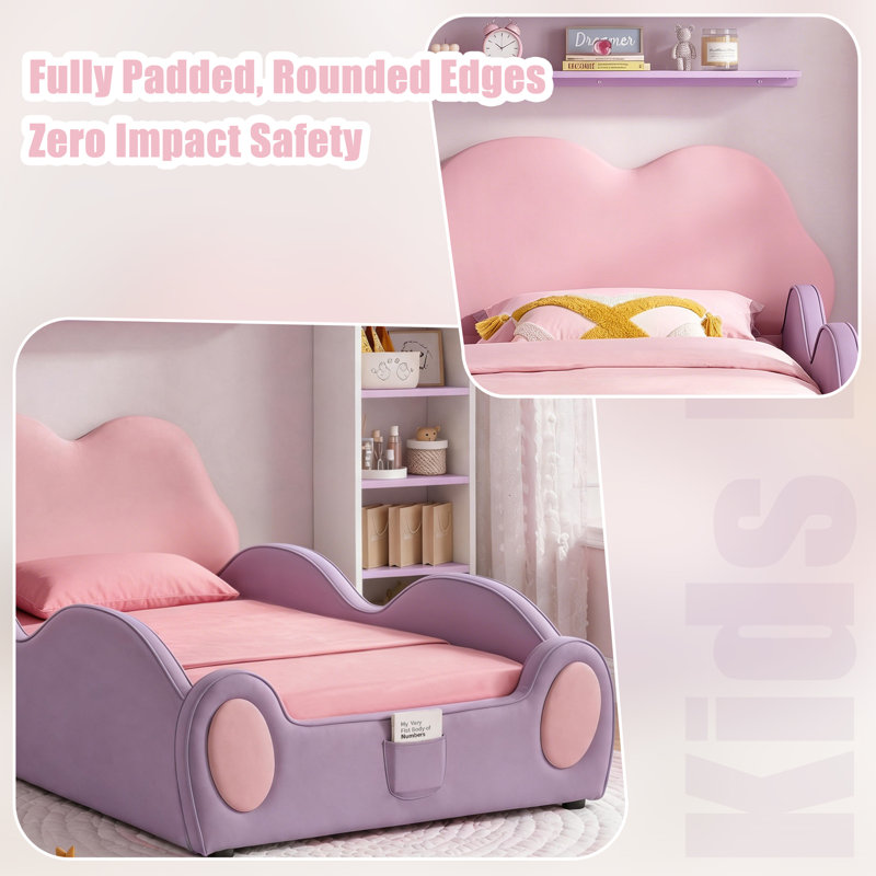 Twin Size Cloud Upholstered Kids Bed, Leather Toddler Bed with Solid Wood Frame, Side Storage Pocket & Low Safety Guardrail for Kids Bedroom