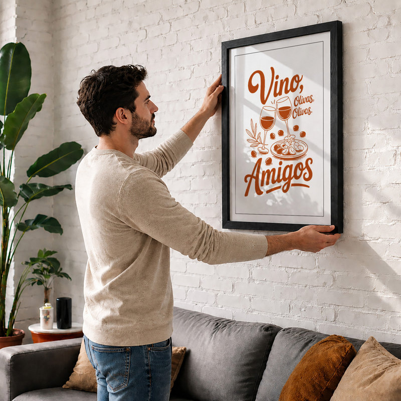 Vino, Olivas, Amigos Typography - Framed Print, Black, A3 - 42.0 x 29.7 cm