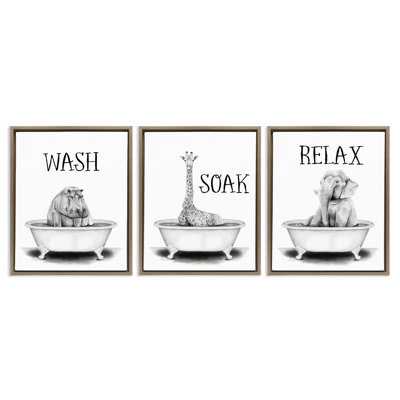 «Wash Soak Relax Jungle Animals», ensemble de 3 toiles flottantes encadrées à grain brun par Rachel Nieman