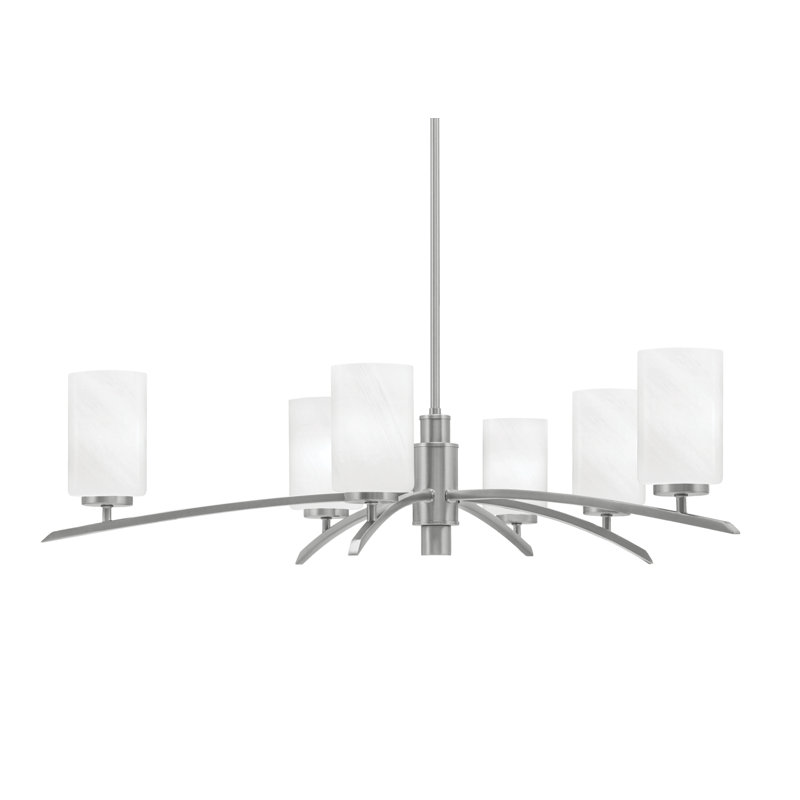 Kurve 6 Light Chandelier Shown In Graphite Finish With 4" Glass, White