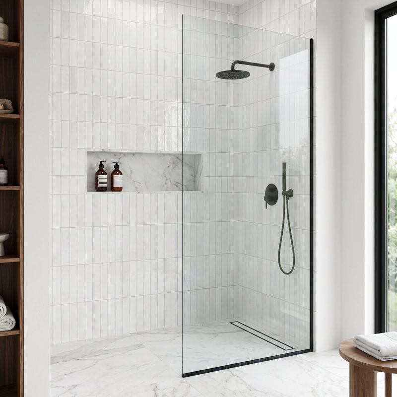 Paroi de douche fixe sans cadre de l 34 po x H 74 po avec verre de 3/8 po Zenith, Noir mat transparent
