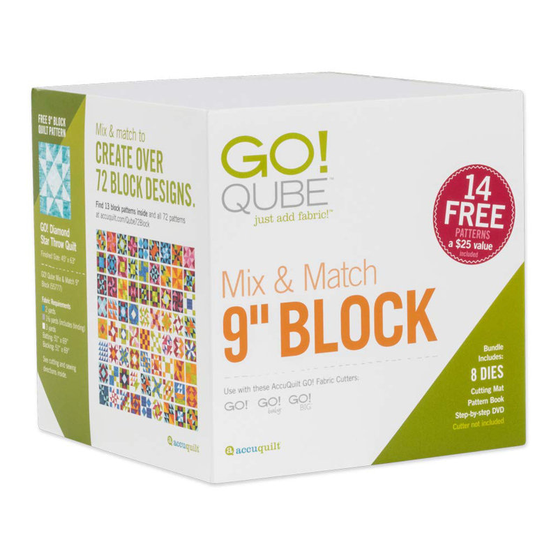 AccuQuilt GO! Bloc Qube Mix and Match de 9 pouces avec 8 formes matelassées, tapis de découpe, vidéos, boîte de rangement et livret de 14 motifs