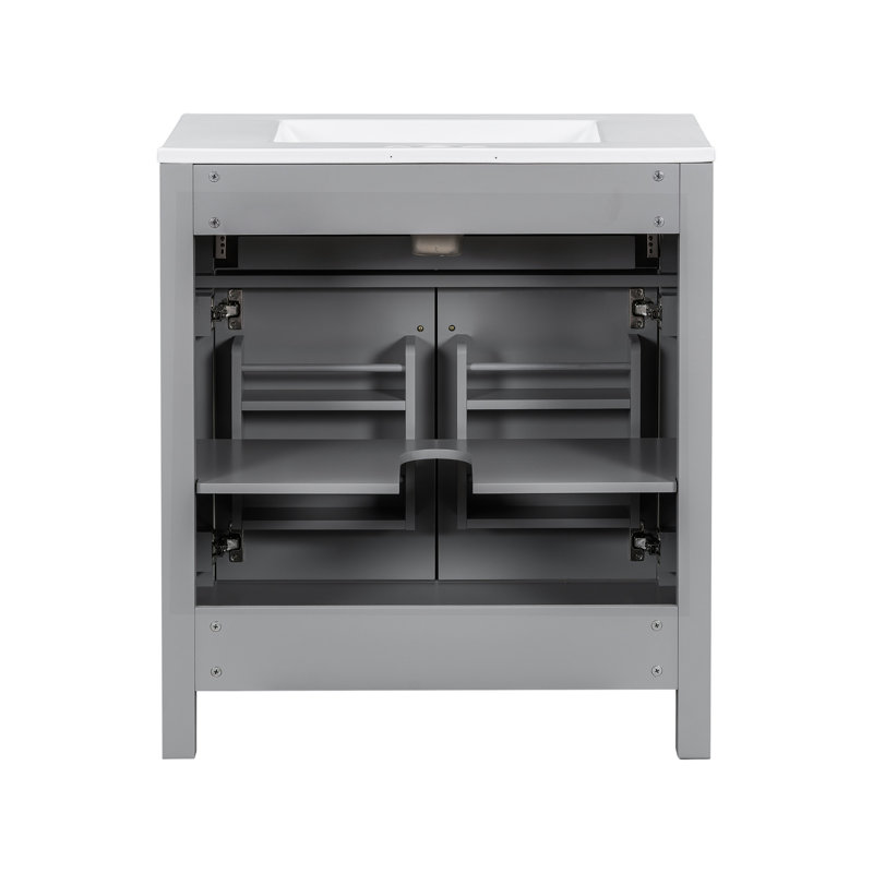 Armoire de salle de bain 60 po en gris avec lavabos doubles en céramique, portes à fermeture douce et tablette en U - évier au design pratique avec finition moderne et ensemble réglable