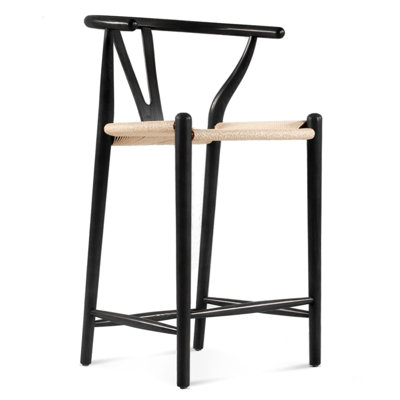 Tabouret de comptoir en frêne massif avec teinture noire sur la surface du bois, siège tissé à la main en corde de papier, teinture à l'huile, revêtement en feu, profondeur 22 po, finition 21 largeurs, traitement, largeur 36,6 po