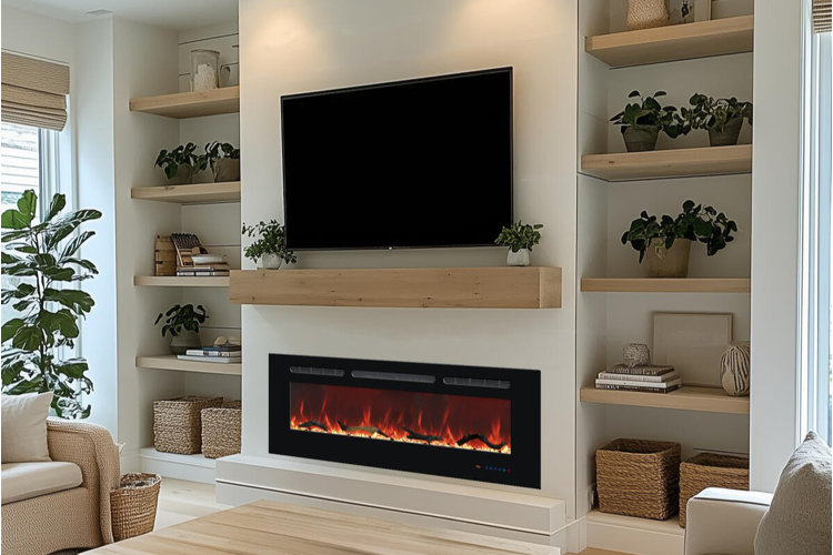 wall-mounted TV above a modern linear fireplace with floating wood mantel and built-in shelving in a bright contemporary living room