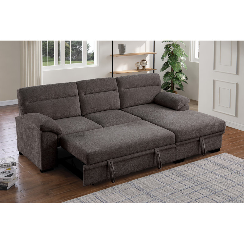 Canapé-lit modulaire en chenille brun Kipling II de 94 po avec méridienne et rangement à droite - lit gigogne, Brown Chenille