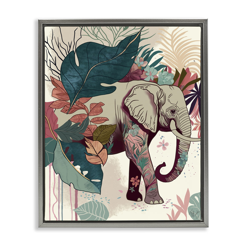 Éléphant et feuilles tropicales, art mural par Fab Funky, Cadre flottant gris lustré, H 31 po x l 25 po