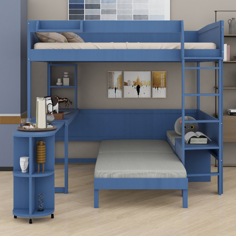 Multi-Functional Loft Bed Featuring Study Desk, Bedside Shelf and Sofa, Navy Blue