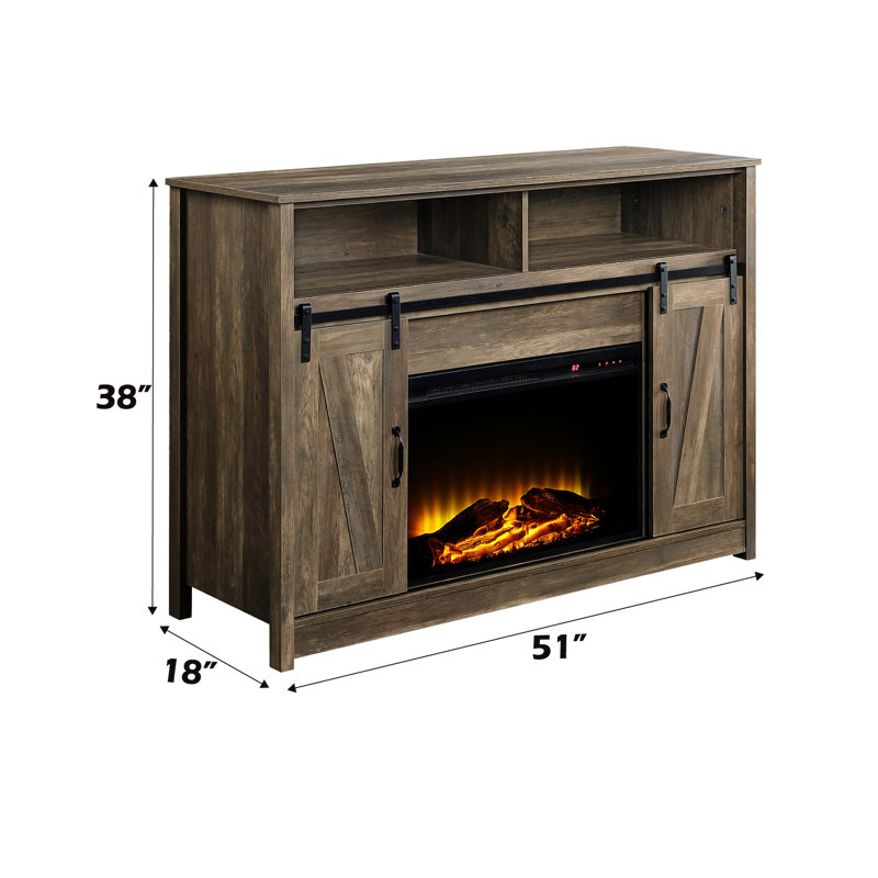 Meuble télé rectangulaire avec foyer au fini chêne rustique, porte de grange coulissante, 2 rangements de porte, compartiments ouverts, kd, dessus de foyer épais de 15 mm, panneau de particules en plastique et verre, métal, papier plaqué, 4777