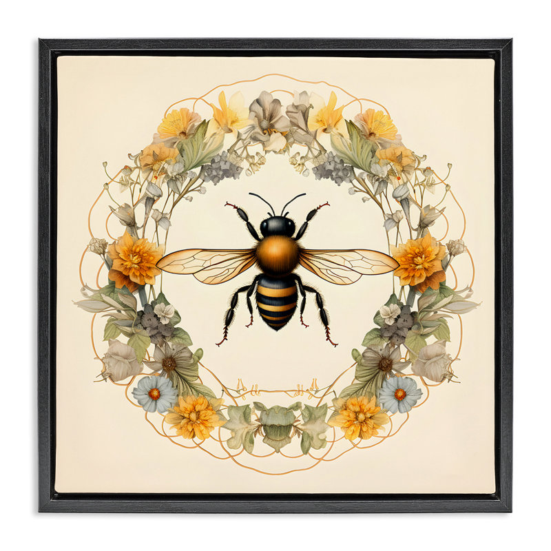 «Cottage Bee Wreath», art mural encadré flottant par Petal Prints Design, Cadre flottant noir de jais, H 18 po x l 18 po
