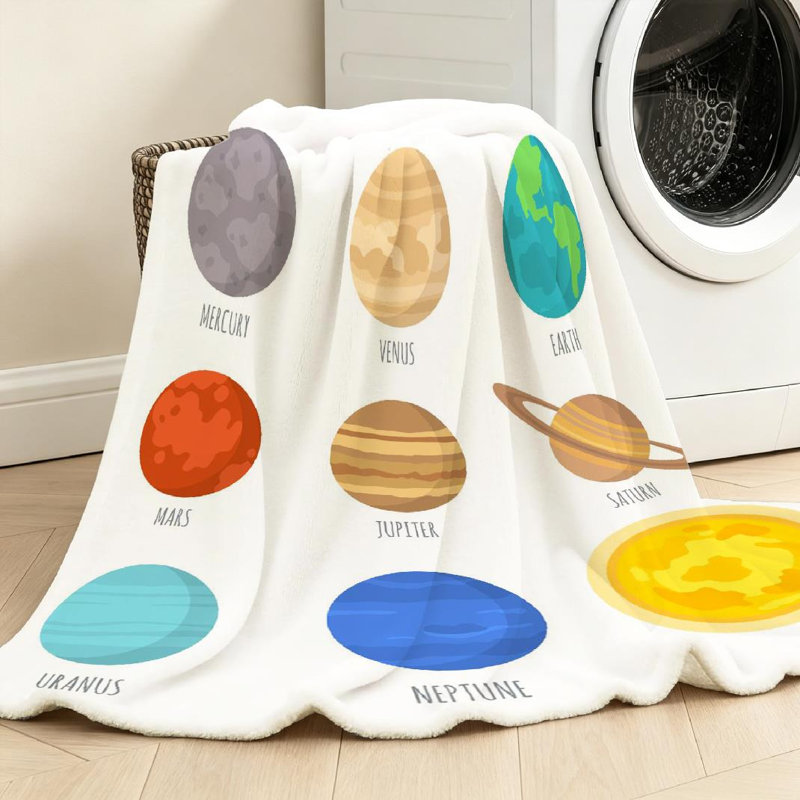 Jeté en molleton blanc ultra doux en flanelle, système solaire à imprimé recto, Throw 30" x 40"