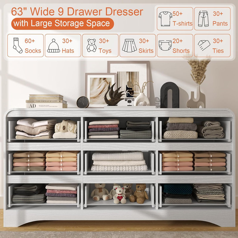 White Dresser For Bedroom With 9 Drawers, 63" Largemodern Dressers & Chest Of Drawers Withcurved Profile Design, Wood Closet Clothes Storage Long Dressers Organizer For Bedroomliving Room Hallway,grey