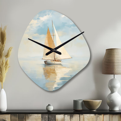 Sailboat Whispering Breezes I - Boat Sailing Unique Shape Metal Clock, Modern Asymmetrical Wall Clock Print