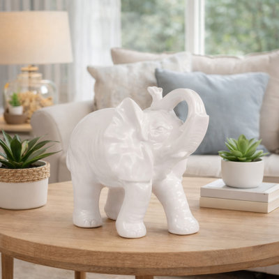 Figurine décorative, éléphant trompette de 9 pouces, dolomite blanche émaillée