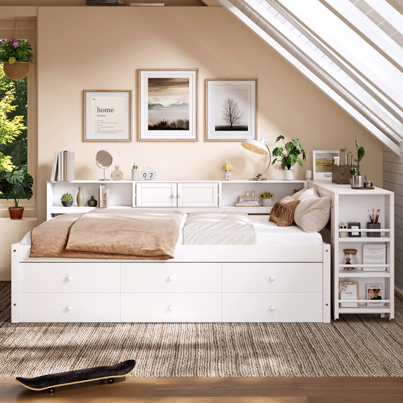 Wood Daybed Frame with Trundle, Storage Drawers, Side Shelves & Desk, Practical Home Bed, Lit simple, Blanc