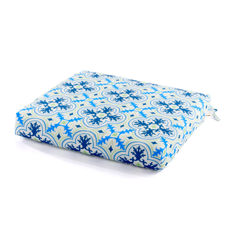 Lillian Outdoor Dining Chair Pad, Navy/Green Porto Tile