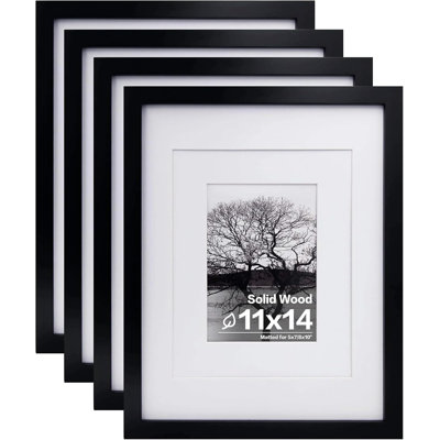 11x14 Picture Frames Set of 4, Made of Solid Wood Covered by Plexiglass 5x7 and 8x10 with Mat or 11x14 without Mat