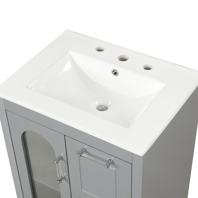 Meuble-lavabo moderne de 24 po en bois massif gris avec lavabo à deux tiroirs, tablette de rangement réglable et base 24 po