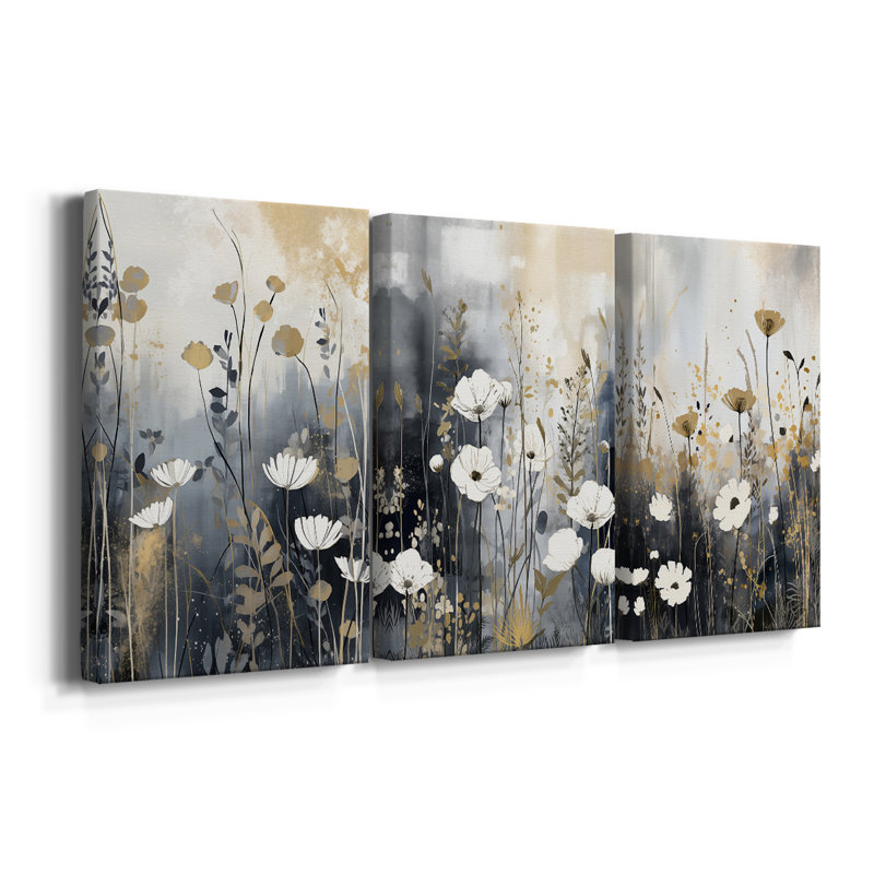 Ensemble de 3 toiles tendues avec châssis Floral Series Series Cxxxiii - Prêt à être accroché, H 60 po x l 40 po