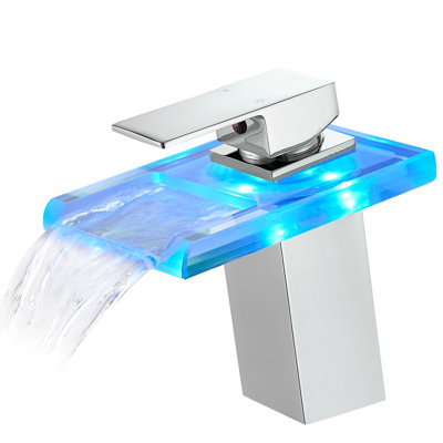 Contemporary Bathroom Sink Faucet Led: 3 Color Changing Waterfall, Single Hole Deck Mount, Hot & Cold Water Mixer, Side Led Lighted Faucet: Mounted, Hole, Mix, Brass Core