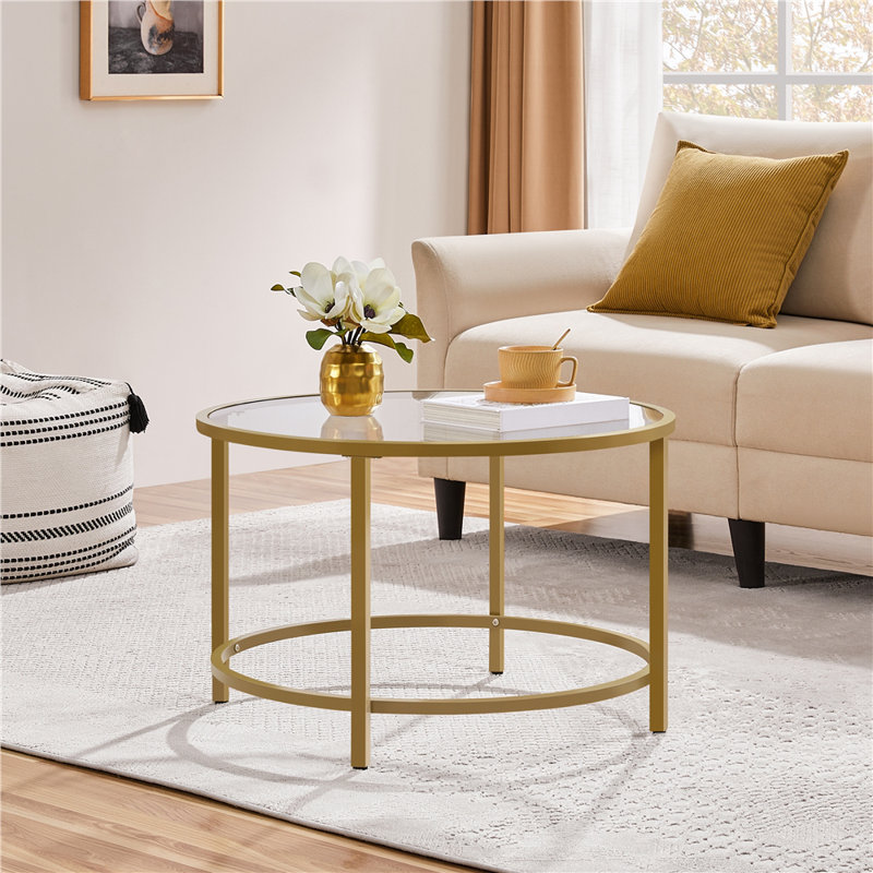 Cellestine Round Glass Coffee Table, 18" H x 27.6" L x 27.6 W, Gold