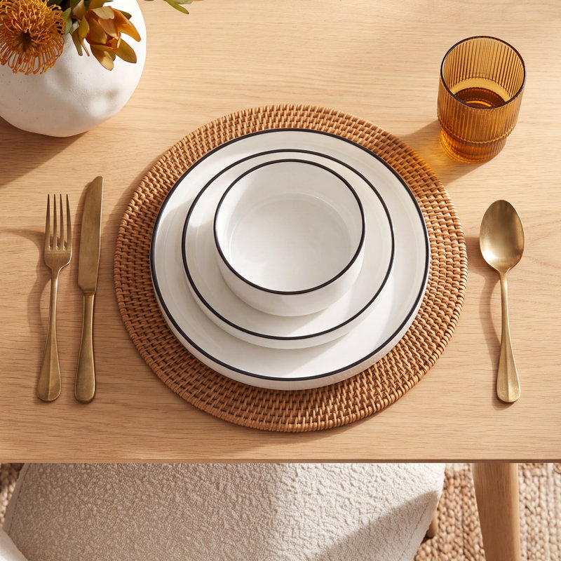 24-Piece Ceramic Dinnerware Set, Ivory White/Black