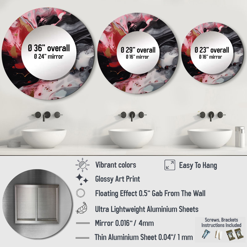 Quesha Red and Black Marble Whispers IV - grand miroir mural, miroir mural rond rouge, impression d'art en métal