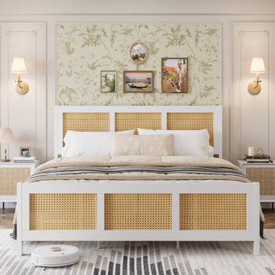 Bed Frame w/ Headboard, Boho Cane Platform Bed Frame w/Strong Metal Slats, Noise-Free, No Box Spring Needed